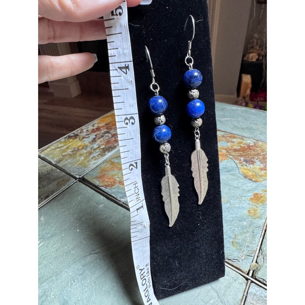 3” blue and feather earrings